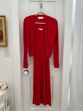 Wyeth Red Ribbed Long Dress with Matching Cardigan